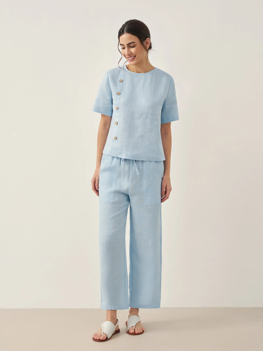 Linen Short-Sleeve Round Neck Button Detail Top & Pants Set JOSIE