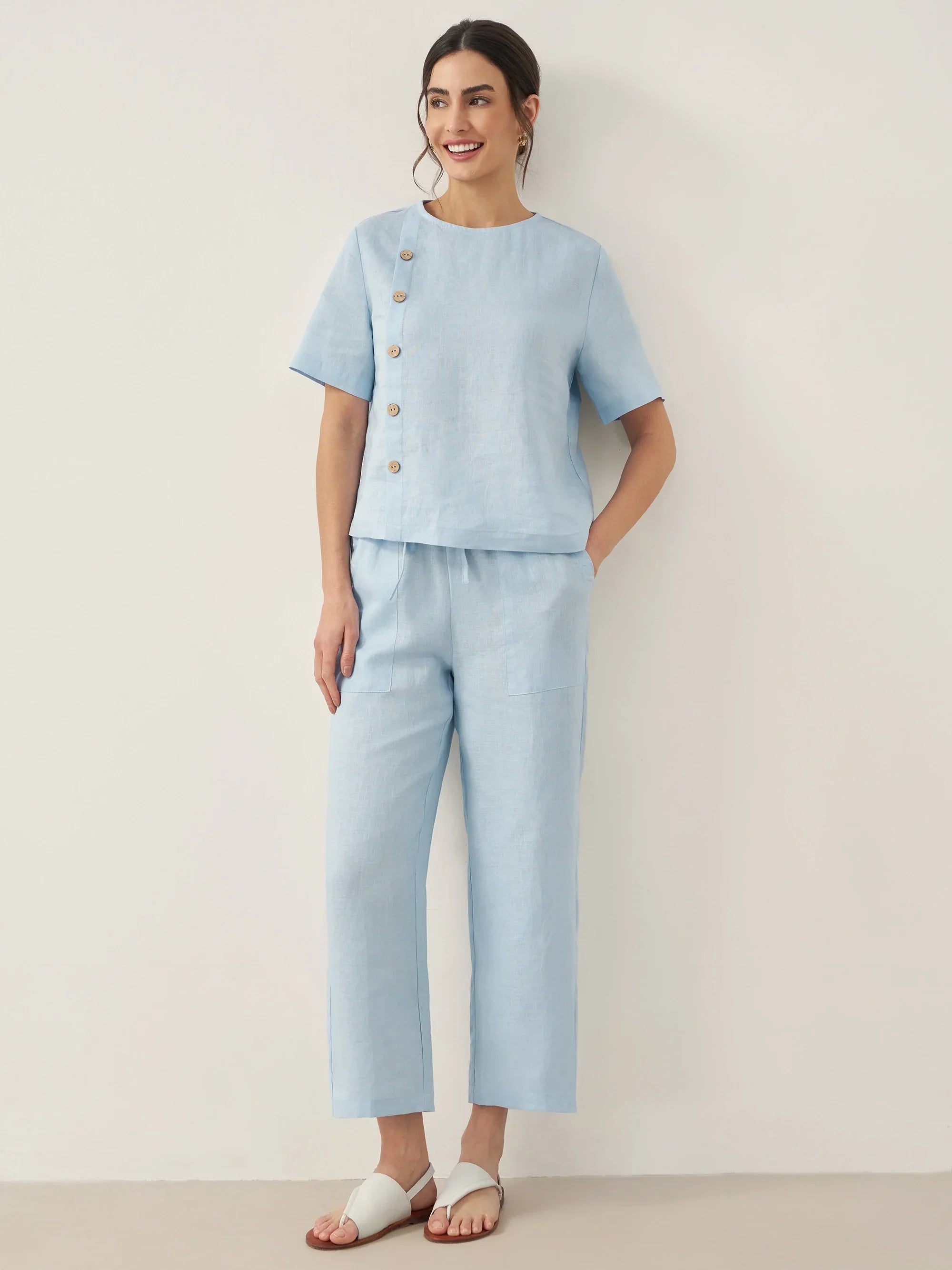 Linen Short-Sleeve Round Neck Button Detail Top & Pants Set JOSIE