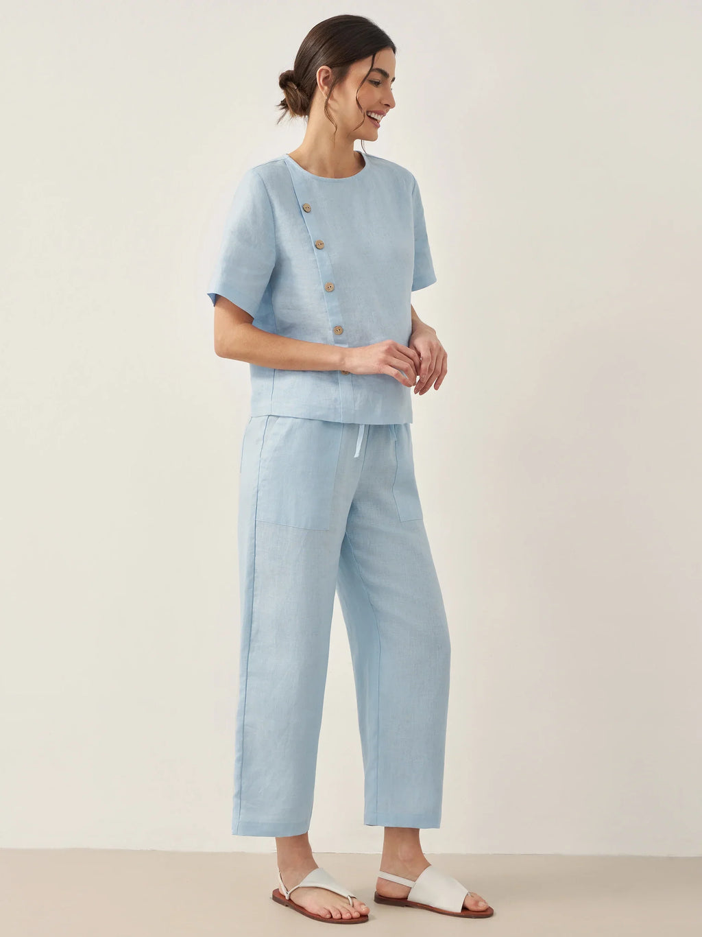 Linen Short-Sleeve Round Neck Button Detail Top & Pants Set JOSIE