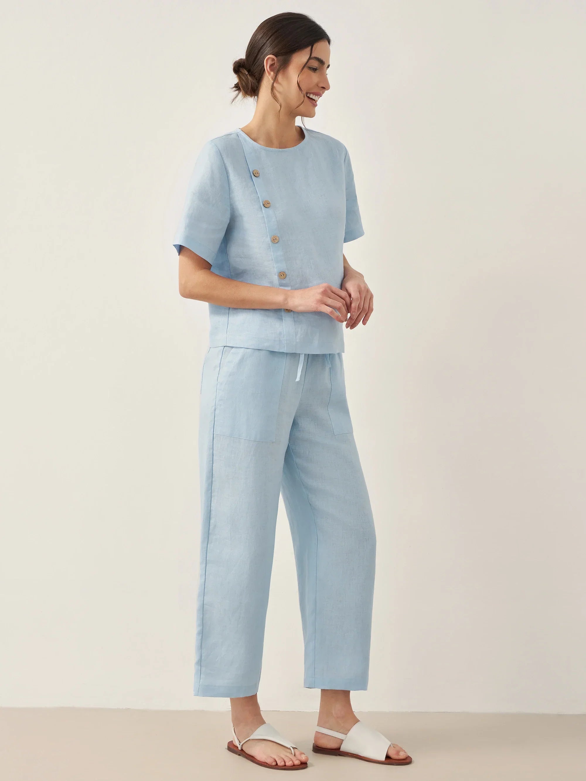Linen Short-Sleeve Round Neck Button Detail Top & Pants Set JOSIE