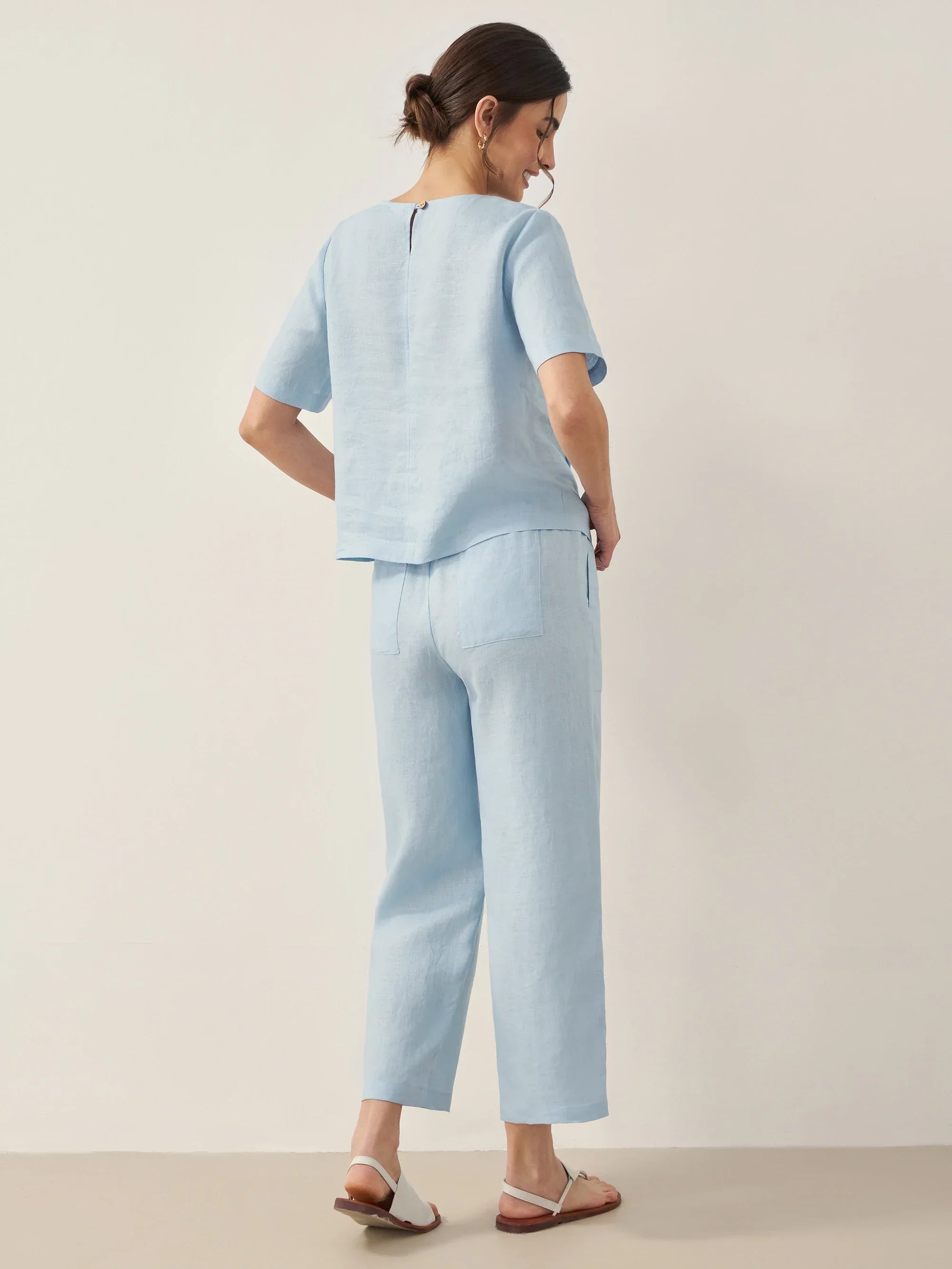 Linen Short-Sleeve Round Neck Button Detail Top & Pants Set JOSIE