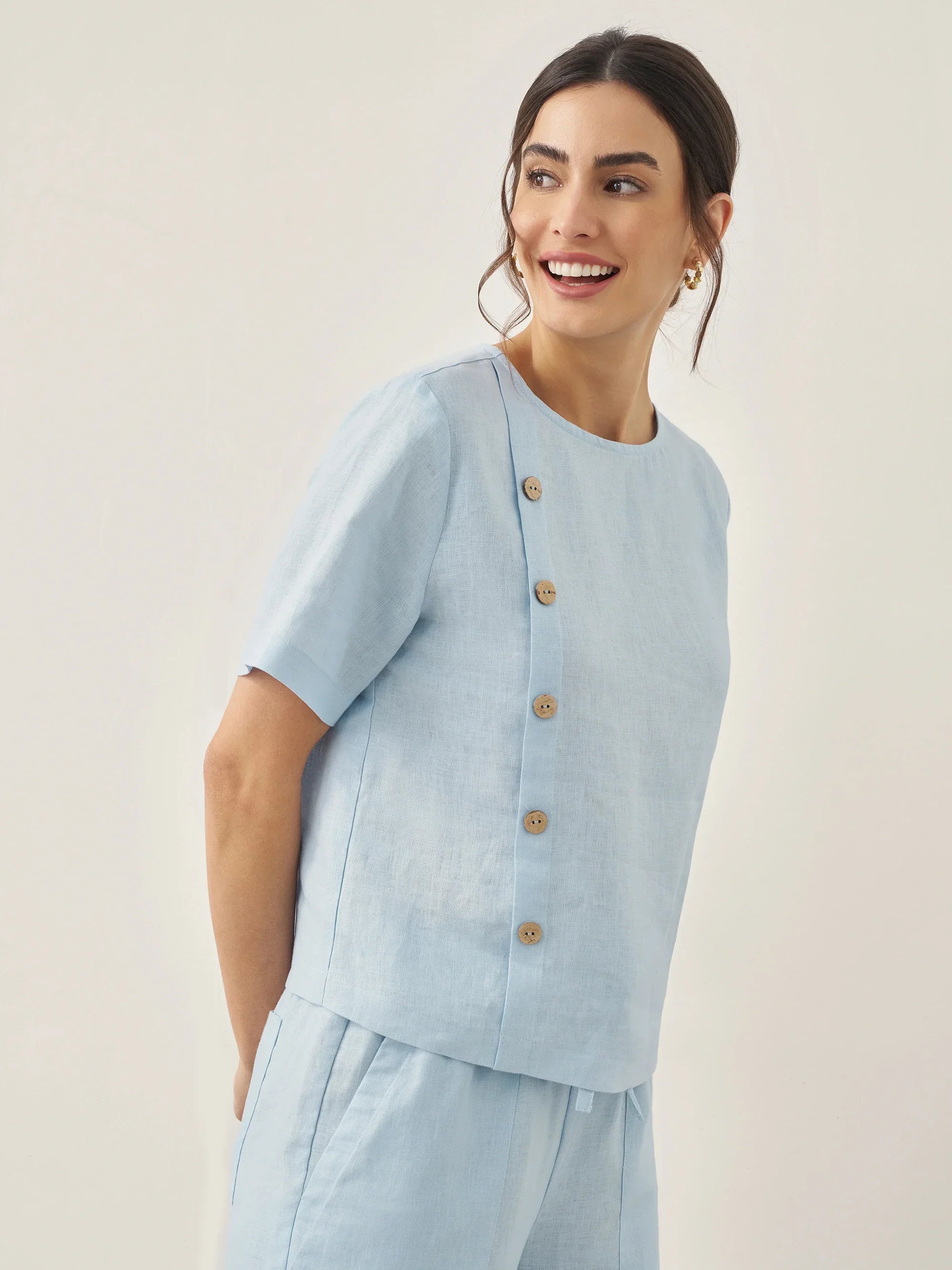 Linen Short-Sleeve Round Neck Button Detail Top & Pants Set JOSIE