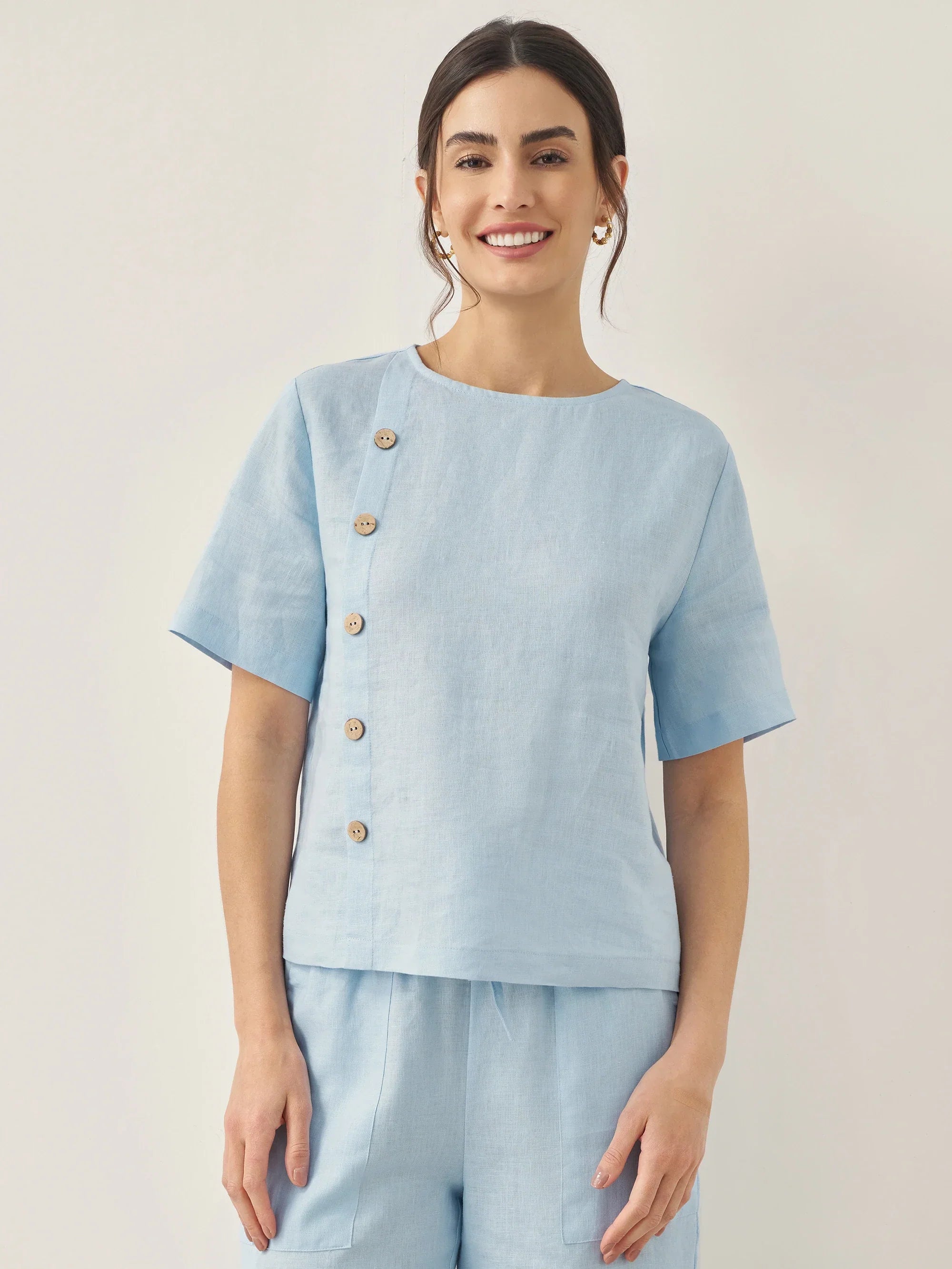 Linen Short-Sleeve Round Neck Button Detail Top & Pants Set JOSIE