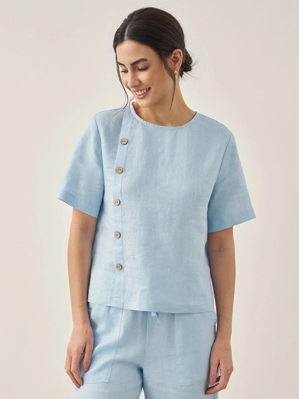 Linen Short-Sleeve Round Neck Button Detail Top & Pants Set JOSIE
