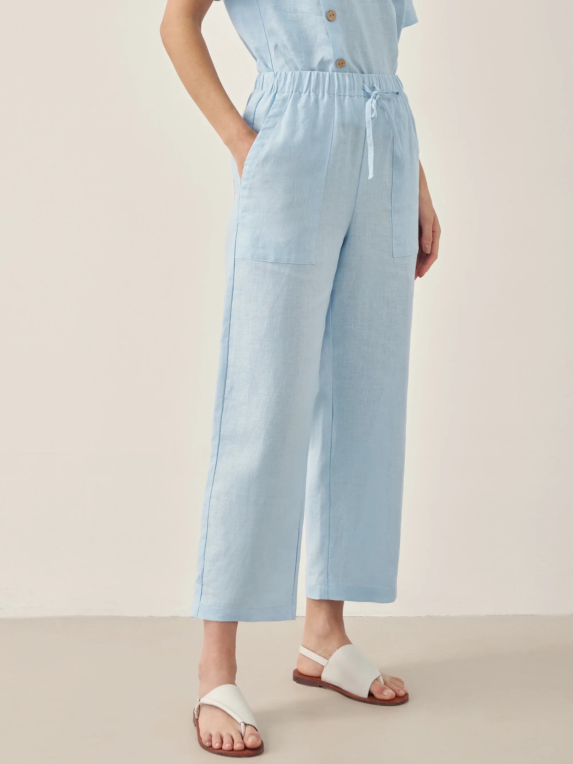 Linen Short-Sleeve Round Neck Button Detail Top & Pants Set JOSIE