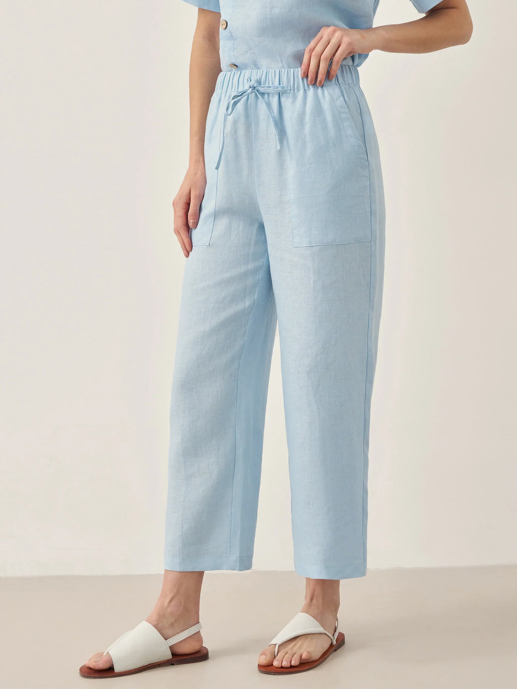 Linen Short-Sleeve Round Neck Button Detail Top & Pants Set JOSIE