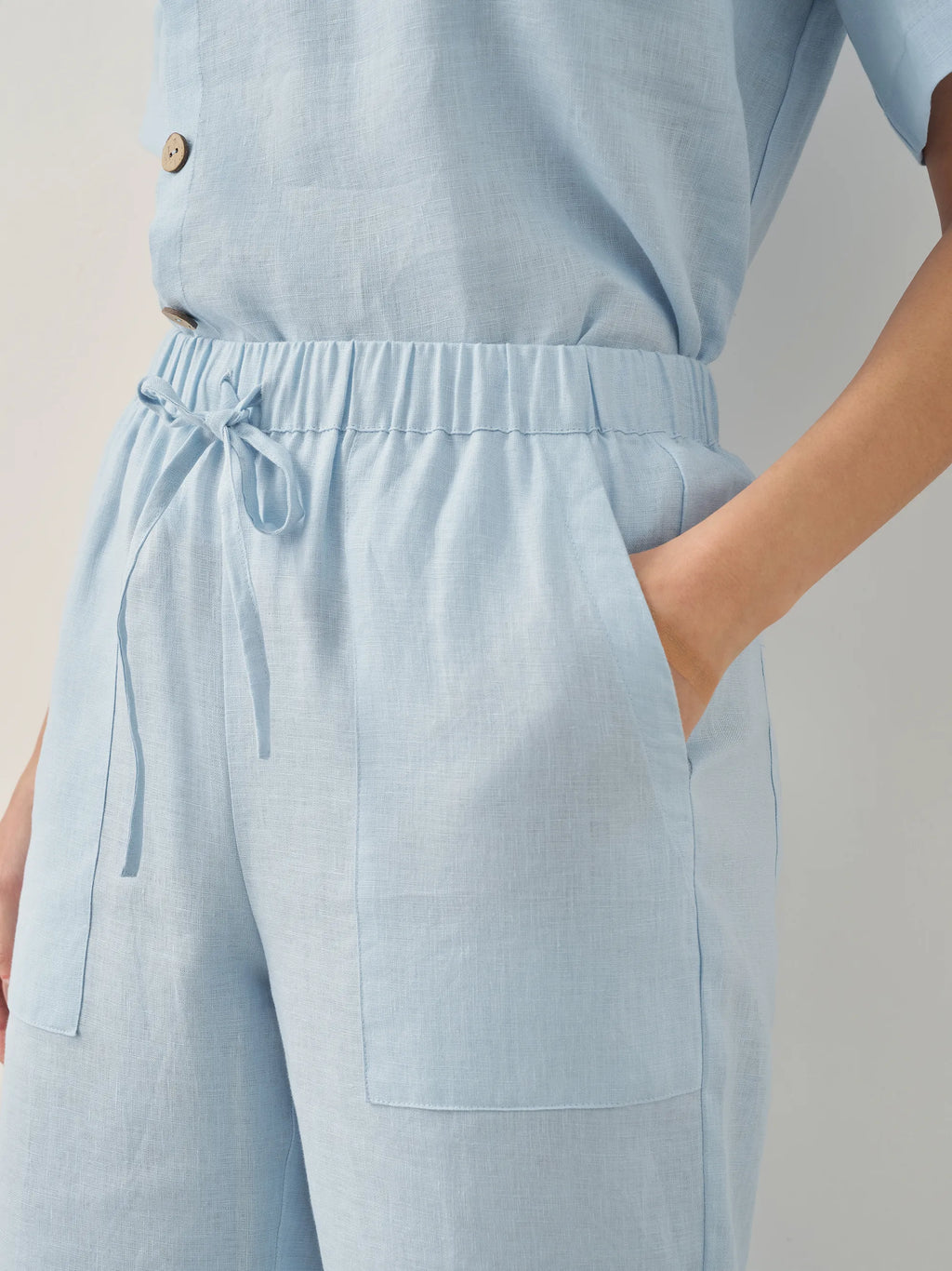 Linen Short-Sleeve Round Neck Button Detail Top & Pants Set JOSIE