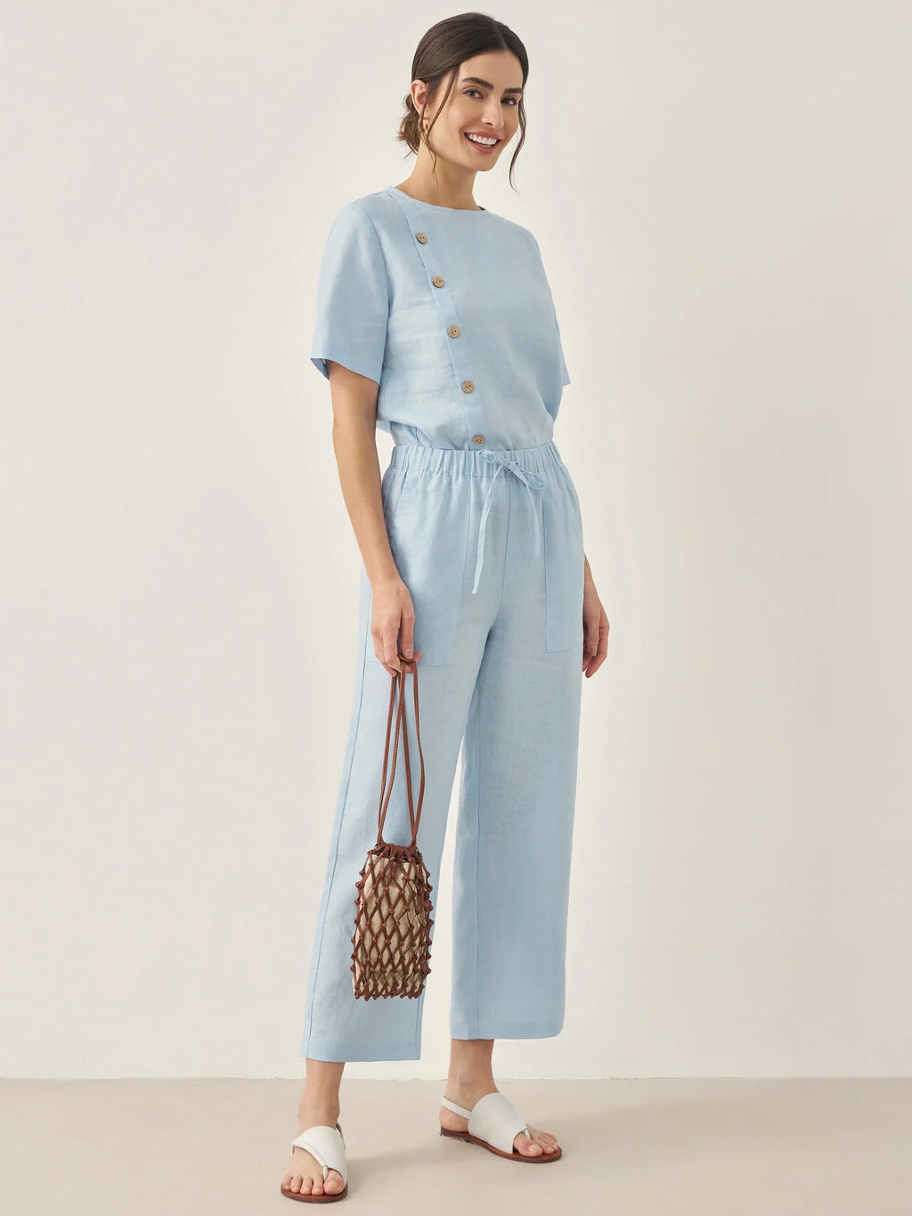 Linen Short-Sleeve Round Neck Button Detail Top & Pants Set JOSIE