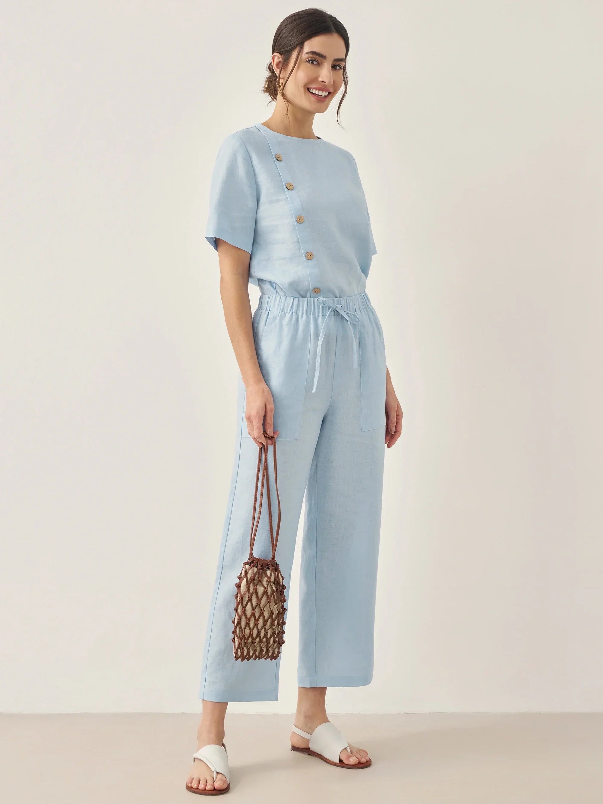 Linen Short-Sleeve Round Neck Button Detail Top & Pants Set JOSIE