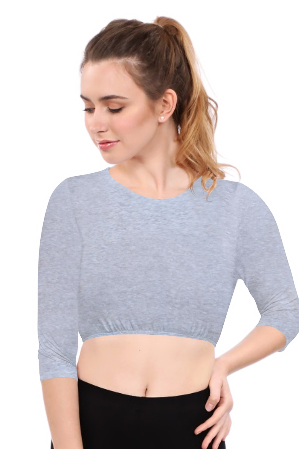 Modest Neck Cropped Layering - Cotton Spandex 3/4 Sleeve Shell Top