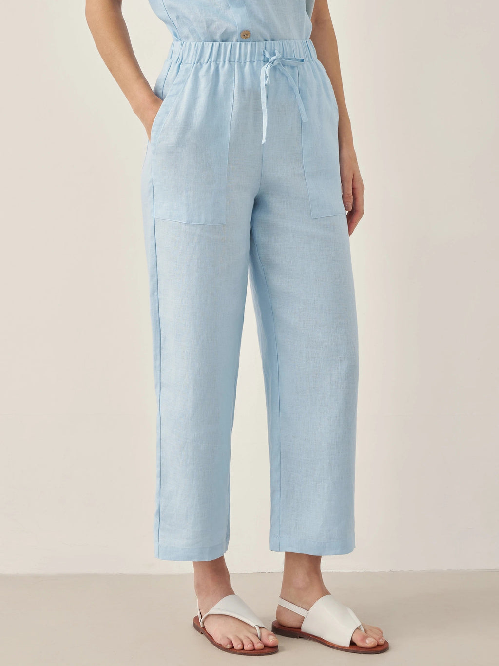 Linen Short-Sleeve Round Neck Button Detail Top & Pants Set JOSIE