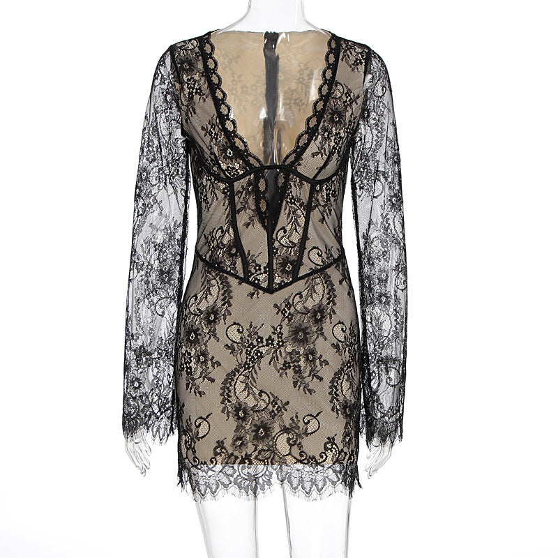 Women Clothing Autumn Sexy Adult Lady like Woman Lace Deep V Plunge Long Sleeve Slim Hip Bag Dress