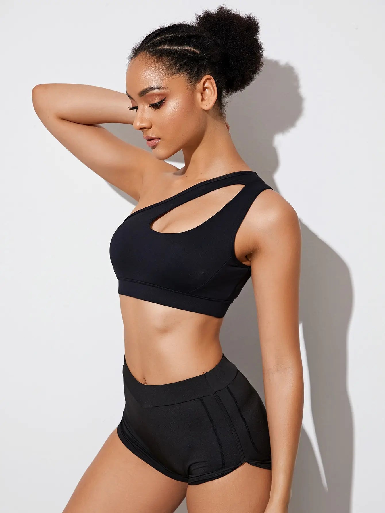 One Shoulder Push Up Sports Bra - Black/White