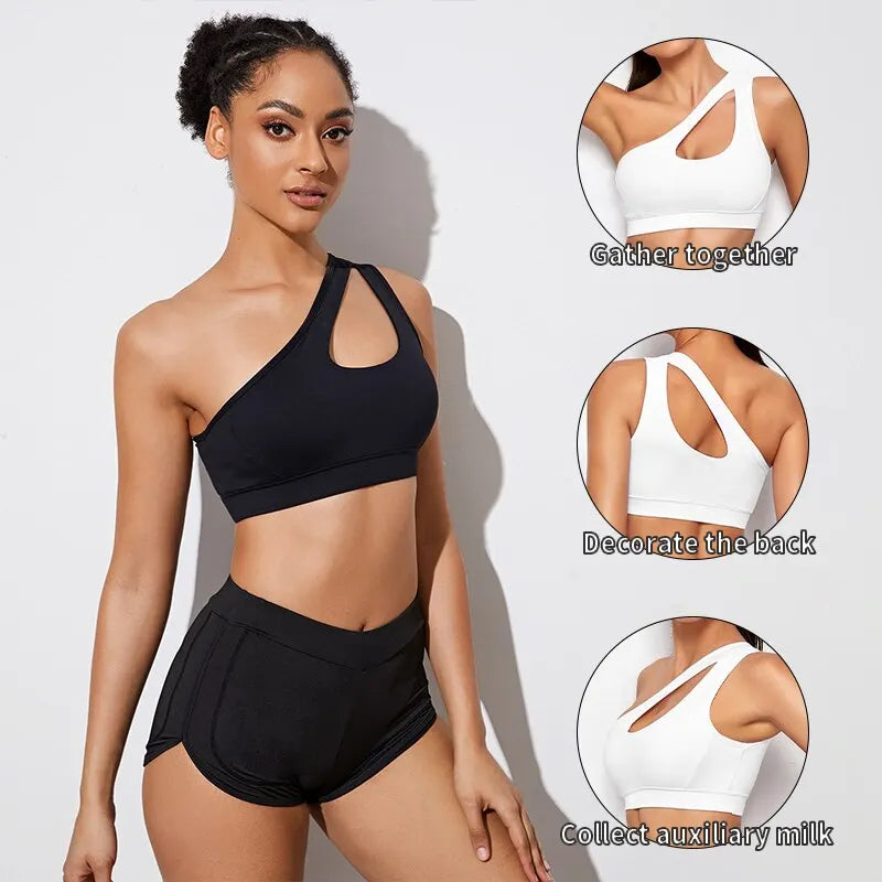 One Shoulder Push Up Sports Bra - Black/White