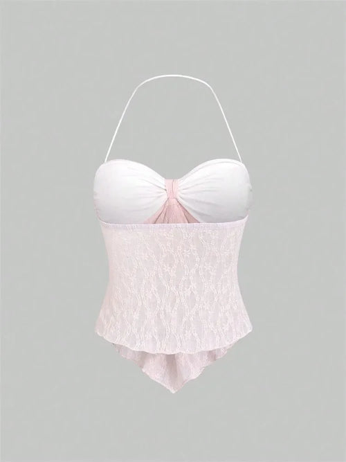 Bow knot Lace Halter Top for Women Summer Sexy Floral Pattern Off the Shoulder Backless V-neck Crop Top Y2K Clothes