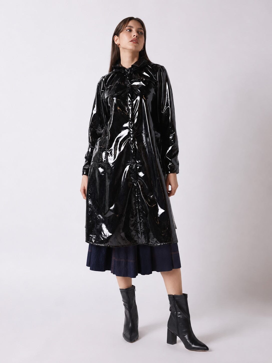 A-Line Button-Down Vinyl Jacket with Hood