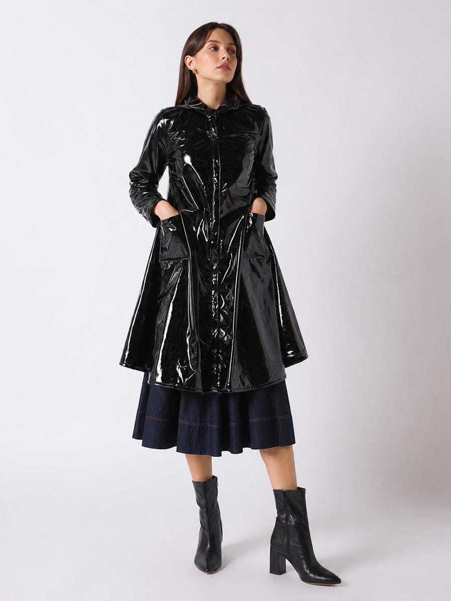 A-Line Button-Down Vinyl Jacket with Hood