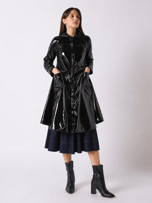 A-Line Button-Down Vinyl Jacket with Hood