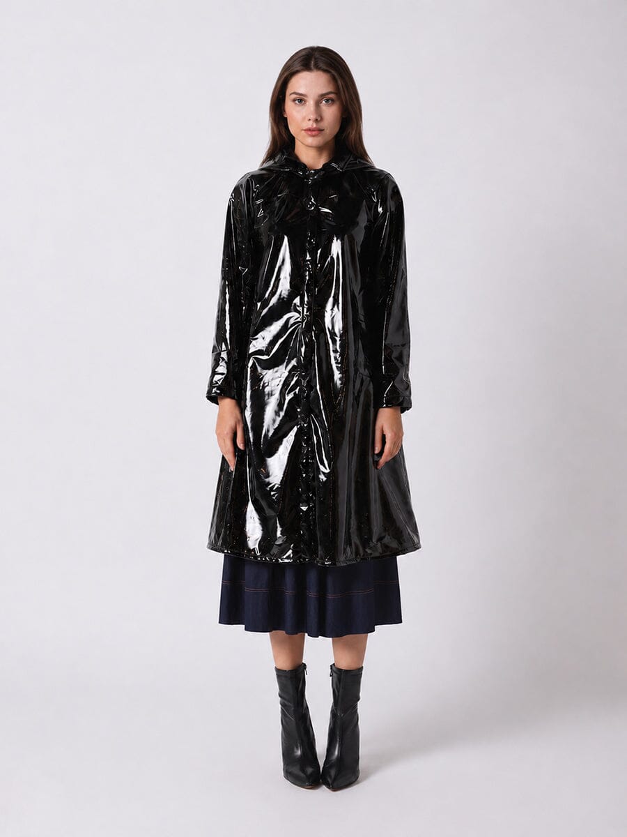 A-Line Button-Down Vinyl Jacket with Hood